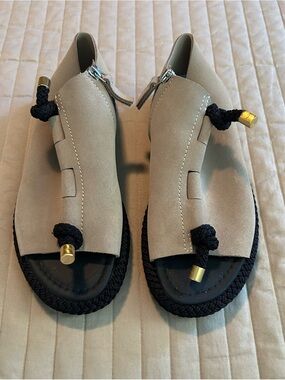 Acne Beige Suede Open-Toe Sandals with Black Rope Trim